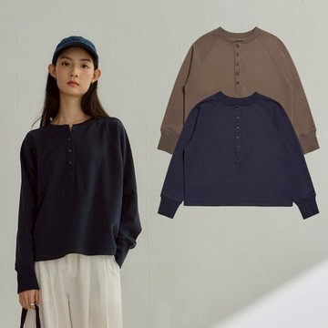 【ERSS】女裝 長袖 簡約休閒風 排釦設計 領圓 寬鬆版型 丈青 咖啡【K60388】