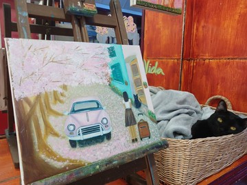 油畫畫布 尺寸 25x30 公分。女孩遇見盛開中的黑貓