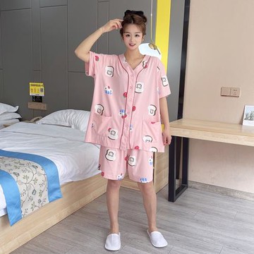 V領短袖加大碼睡衣女純棉200斤夏薄款開衫短褲胖mm休閑家居服套裝