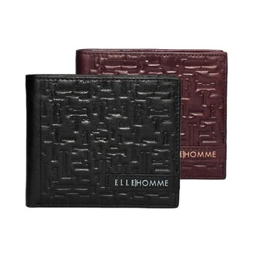 【ELLE HOMME】ELLE真皮浮雕款3卡側翻3窗格 皮夾/男夾/短夾(黑色/棕色)