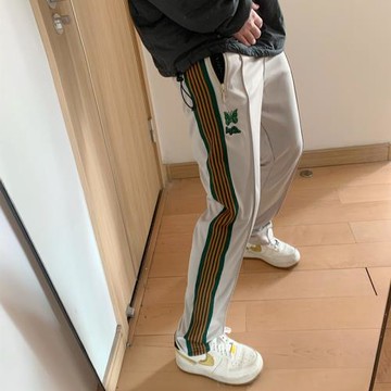 Needles Aipl蝴蝶刺繡休閑運動褲男女條紋織帶寬松闊腿褲復古褲子