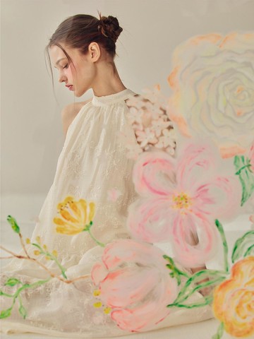 Pleated Halter Embroidered Flower Dress