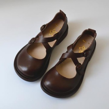 真皮交叉扣帶日系森女復古文藝單鞋軟底棉麻風外貿原單尾貨夏新款