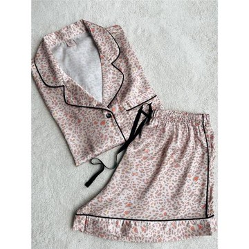 24年新款 何穗同款寬松冰絲緞面豹紋女短袖短褲睡衣家居服套裝