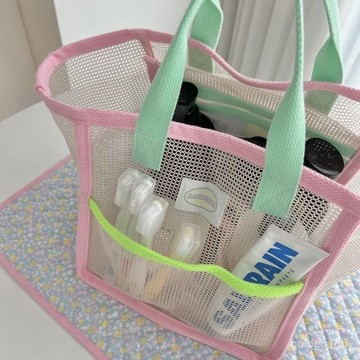 ins韓版小清新手提網眼沙灘包漏水洗澡包浴兜大容量旅行遊泳收納潼潼優選