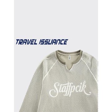 TRAVEL ISSUANCE 別被約束 美式高街網紗拼接字母寬松圓領衛衣bf