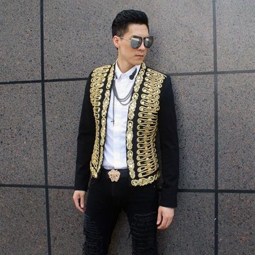 鏡片閃亮夾克外套男金色重工小西裝修身晚宴禮服歌手舞臺表演衣服
