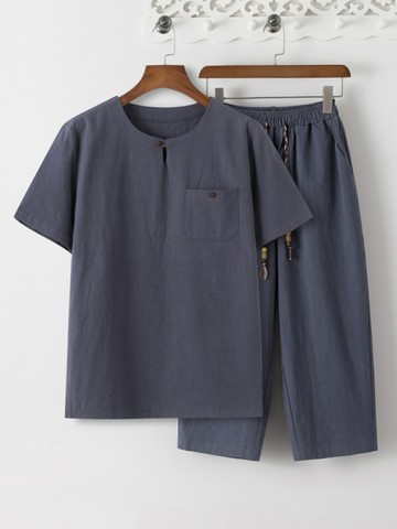 男士中國風短袖棉麻套裝 夏季中老年亞麻套裝男士中年人爸爸夏裝短袖棉麻七分褲男爺爺衣服