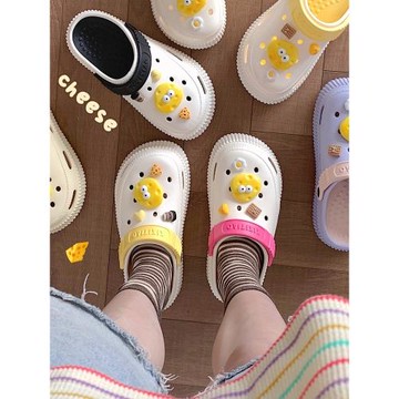 細細條 少女心可愛奶酪DIY洞洞鞋女夏季戶外踩屎感防滑厚底沙灘鞋