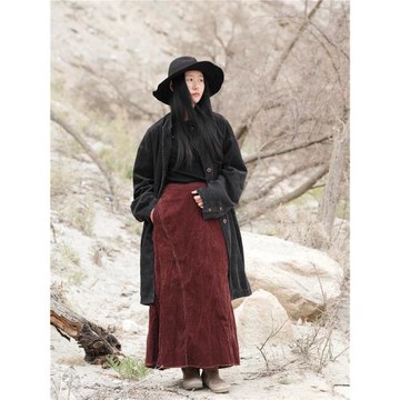 幾見 原創設計秋季立領大衣燈芯絨長款襯衫裙外套復古做舊WT3736