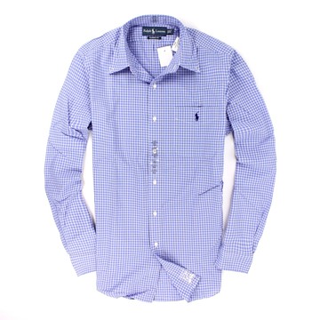 美國百分百【全新真品】Ralph Lauren 襯衫 RL 長袖 休閒 上衣 Polo 小馬 藍 格紋 純棉 口袋 男 S號