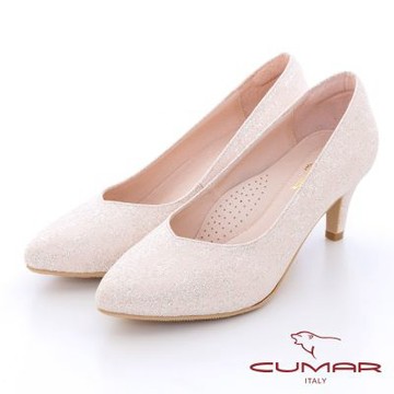 【CUMAR】閃耀蕾絲V口中跟鞋-粉金