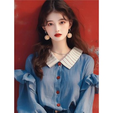 清倉撿漏~早秋季新款洋氣韓系氣質甜美顯瘦藍色荷葉邊襯衫上衣女