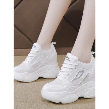 網紅小白鞋女透氣網面內增高鞋子女百搭休閑運動鞋女春秋季板鞋女