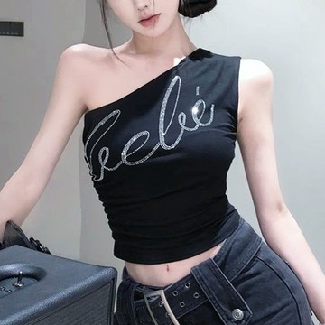 SISI【V25028】斜領燙鑽印花字母貼身無袖露肩背心小可愛上衣短款性感辣妹春夏