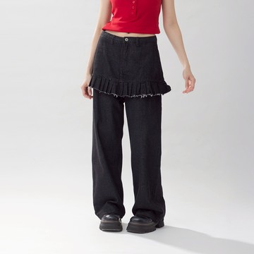 QUEENSHOP_F 女裝 荷葉剪接假兩件式直筒牛仔褲 S/M 現+預 【04011852】