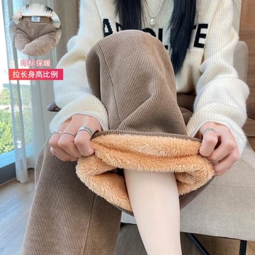 加絨加厚雪尼爾羊羔絨闊腿褲女春秋小個子休閑燈芯絨保暖褲直筒褲