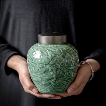 翠微青瓷浮雕龍鳳陶瓷合金蓋茶葉罐綠茶紅茶密封罐復古大號禮盒裝