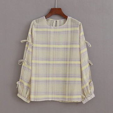 圓領格子套頭小衫 夏季新款長袖薄款襯衫 女打底衫寬松上衣 G/3-3