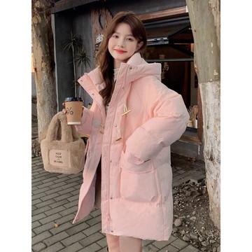 甜美可愛羽絨服冬韓版牛角扣中長款小個子學生連帽加厚白鴨絨外套