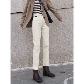 米色加絨牛仔褲女直筒寬松顯瘦2025春秋新款高腰小個子九分煙管褲