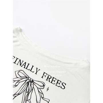 羊城故事 白色印花斜肩防曬長袖t恤女春夏季簡約輕薄寬松百搭上衣