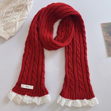 秋冬蕾絲邊拼接針織麻花圍巾122557C