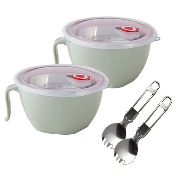 FAmILyLIFE 生活 316不鏽鋼隔熱保鮮泡麵碗 1200ml 2入組 附上蓋+湯叉匙  1個  香草綠