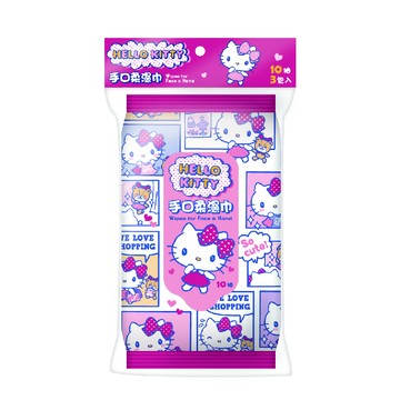 [寶富華]Hello Kitty 手口柔濕巾 10抽×3包 交叉網眼布(不易起毛、擦拭後不留下纖維殘渣) (添加木醣醇、請注意勿使用於犬貓)