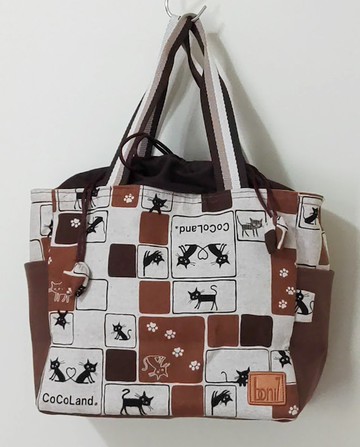 咖啡色貓咪圖案棉麻布料束口袋手提袋