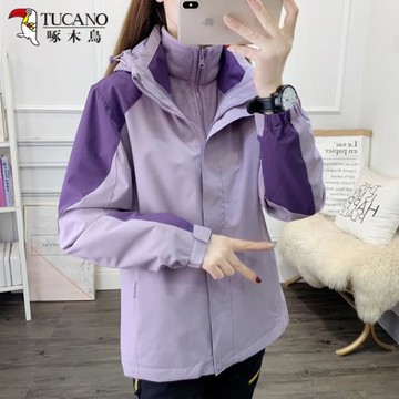 啄木鳥加絨加厚沖鋒衣女三合一可拆卸戶外套秋冬新款潮牌登山服男