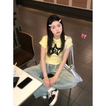 【 𝑭𝒍𝒐𝒘𝒆𝒓𝒔𝒆𝒂】毛巾繡五角星創意 黃色 短袖 修身 T恤女 圓領 辣妹上衣穿搭 韓版上衣