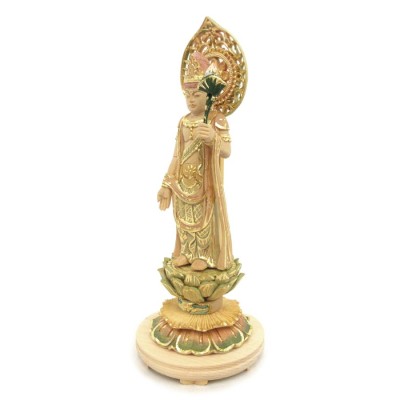 仏像 聖観音菩薩 立像 3.0寸 宝珠光背 円台 桧木彩色 観世音菩薩 観