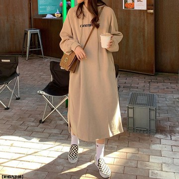 秋冬韓版BF風下襬開叉寬鬆顯瘦加絨加厚過膝連帽衛衣長裙