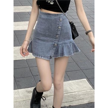 高腰牛仔短裙顯瘦小眾百褶a字半身裙女夏季2024年新款不規則裙子