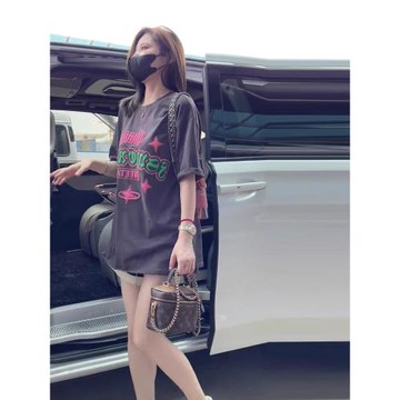 美式復古正肩寬松顯瘦短袖女t恤中長款遮臀小個子大版體恤潮牌夏