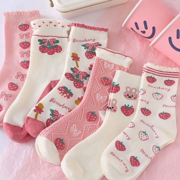 ARY 童襪 兒童襪子 女童襪子 粉色草莓襪子女兒童秋季中筒少女洛麗塔可愛6到12歲中學生中長筒