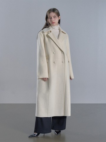 羊駝毛拿破崙領雙排釦大衣 - 白色