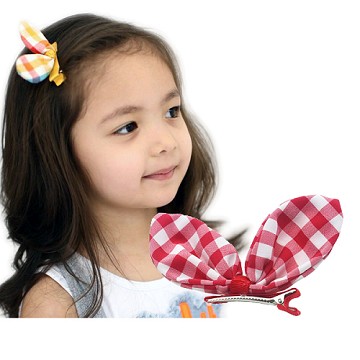 Charme  韓國流行 可愛兔耳朵鴨嘴夾 格紋紅色