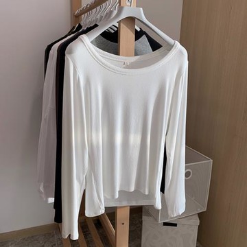 2022秋新款棉質白色長袖T恤女裝寬松螺紋低圓領鎖骨打底衫上衣