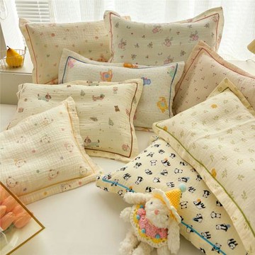 A類母嬰級純棉雙層紗兒童枕頭套30x50cm幼兒園學生全棉皺皺紗布