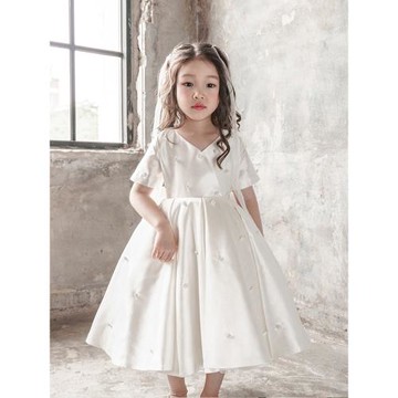 女童高端生日宴公主裙花童婚紗禮服裙兒童小眾風高級感緞面白