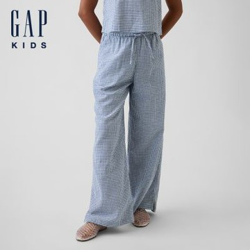 【GAP】兒童亞麻棉混紡易穿寬褲-深藍格紋(903048)