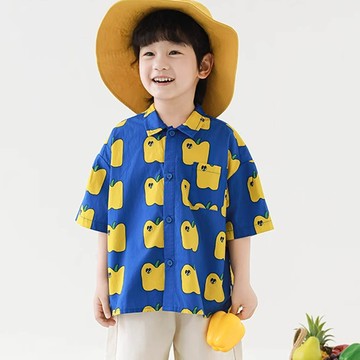 TONGMO - 純棉翻領短袖襯衫-黃椒-藍色