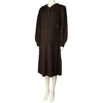 akachan honpo - 長袖亨利領針織洋裝-深咖啡