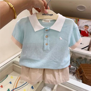 韓國童裝 24夏新款男女童寶寶翻領超薄針織短袖 卡其短褲洋氣套裝