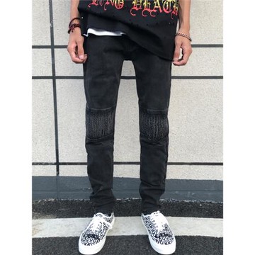 歐美小腳牛仔褲男彈力修身水洗做舊膝蓋豎條紋椰子褲潮牌牛仔長褲