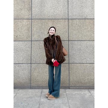 衛城落日 仿水貂毛皮草外套女2025秋冬新款立領寬松保暖毛毛大衣