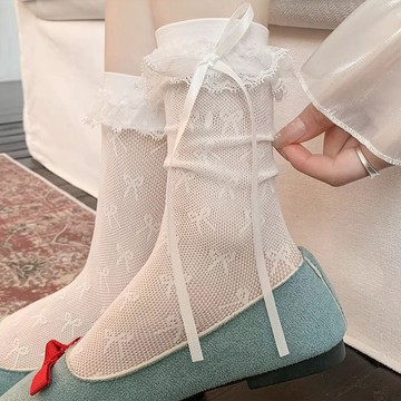 【全館現貨】 法式 蕾絲中筒襪 大腿襪 女 堆堆襪 膝上襪 長襪 襪子 緞帶蝴蝶結蕾絲襪  絲襪 芭蕾風 881416