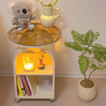 【奶油風可移動】圓形邊幾 茶几 床頭櫃 客廳小桌子 臥室邊桌 玻璃桌面 創意設計 輕奢簡約 多場景適用